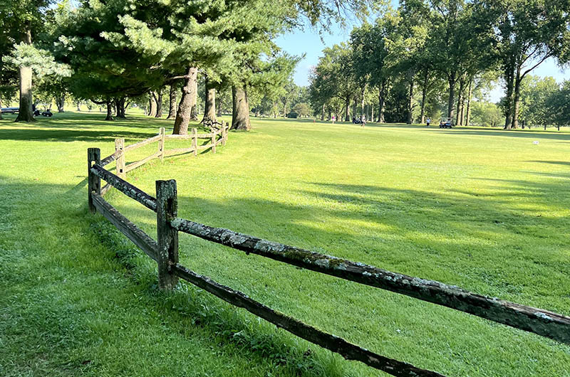 fence around the fairway with golf cart on the cart parth in the far background